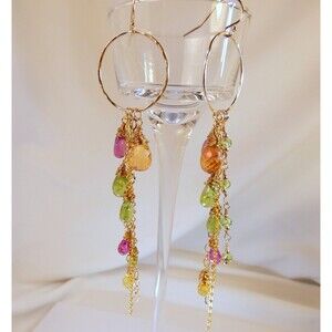 Pink Sapphire-Peridot-Citrine- Long Gold Earrings  Spring Party!
